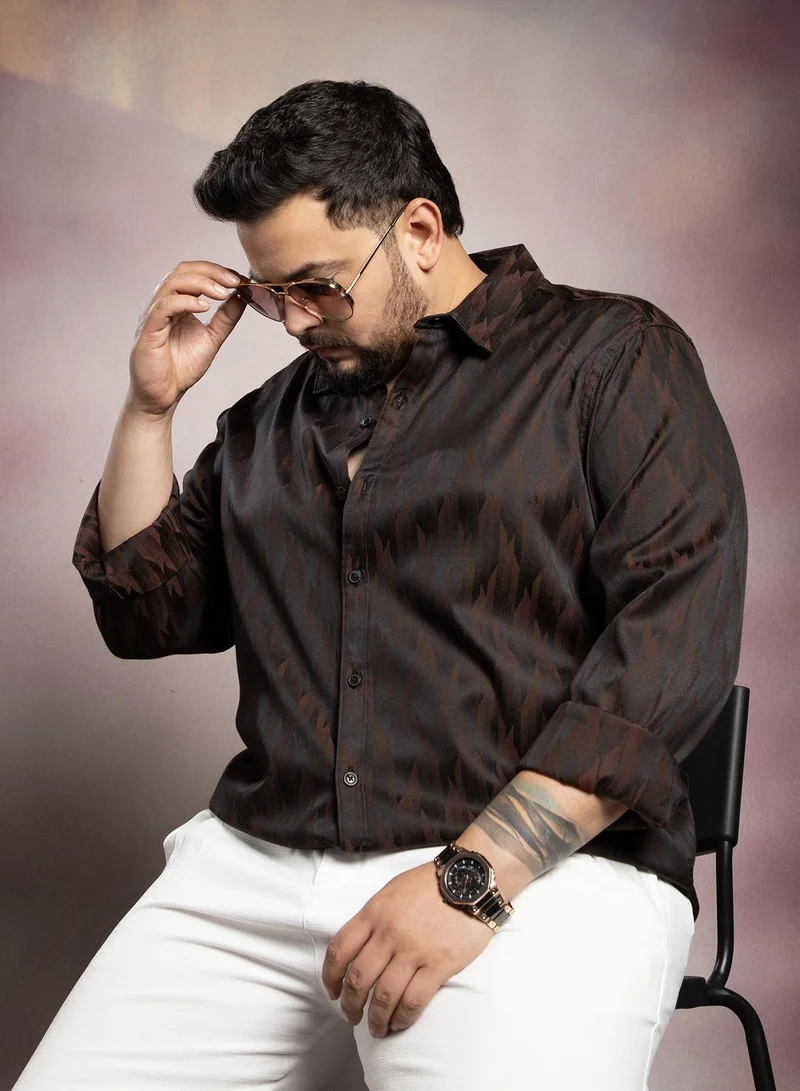 Instafab Plus Instafab Plus Men's Chocolate  Brown Contour -Weave Shirt For Casual Wear | Spread Collar | Long Cuffed Sleeves | Button Closure | Plus Size Shirt Crafted With Comfort Fit For Everyday Wear