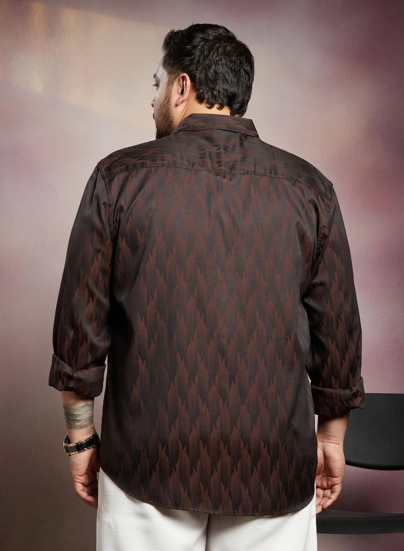 Instafab Plus  Instafab Plus Men's Chocolate  Brown Contour -Weave Shirt For Casual Wear | Spread Collar | Long Cuffed Sleeves | Button Closure | Plus Size Shirt Crafted With Comfort Fit For Everyday Wear for Men | Best Price UAE