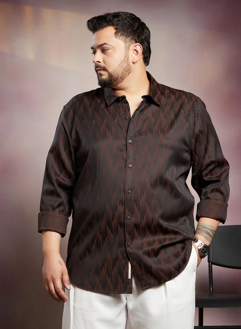 Instafab Plus  Instafab Plus Men's Chocolate  Brown Contour -Weave Shirt For Casual Wear | Spread Collar | Long Cuffed Sleeves | Button Closure | Plus Size Shirt Crafted With Comfort Fit For Everyday Wear for Men | Best Price UAE
