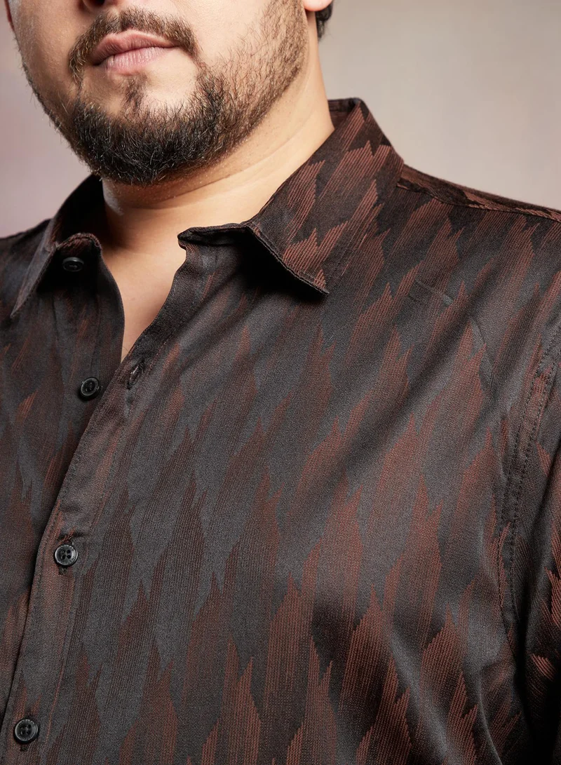 Instafab Plus  Instafab Plus Men's Chocolate  Brown Contour -Weave Shirt For Casual Wear | Spread Collar | Long Cuffed Sleeves | Button Closure | Plus Size Shirt Crafted With Comfort Fit For Everyday Wear for Men | Best Price UAE