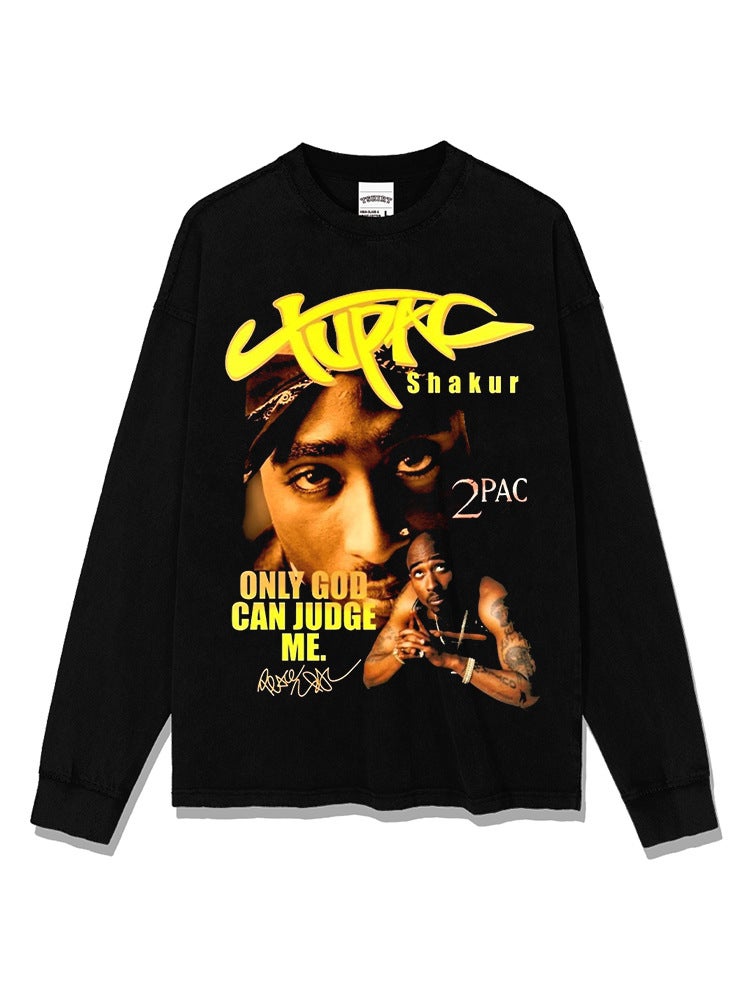 Vintage Hip-Hop Tupac Printed Short-Sleeved Long-Sleeved Washable Heavy Loose Round Neck T-Shirt Round Neck Hooded Sweatshirt - Image 5