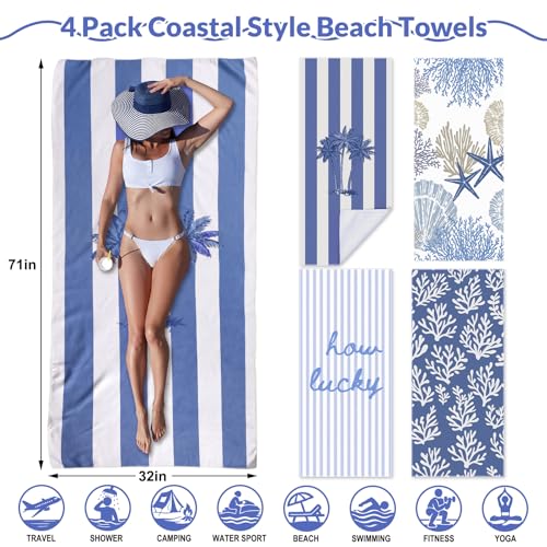 Frienda 4 Pack Microfiber Oversized Lightweight Beach Towel 71x32 in for Women Men Microfiber Quick Dry Sand Free Ocean Coastal Towels for Beach Pool TravelCoral - Image 3