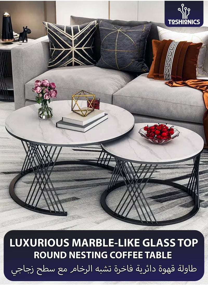Toshionics - Modern Luxurious Round Nesting Coffee Table Set White Marble-Like Glass Top with Sturdy Criss-Cross Design Black Metal Frame Nordic Minimalist Space-Saving Stackable Design Elegant Center Table for Living Room Small Apartments Balcony Office Hotel Spa and Salon Reception Lounge Easy to Assemble - Image 1