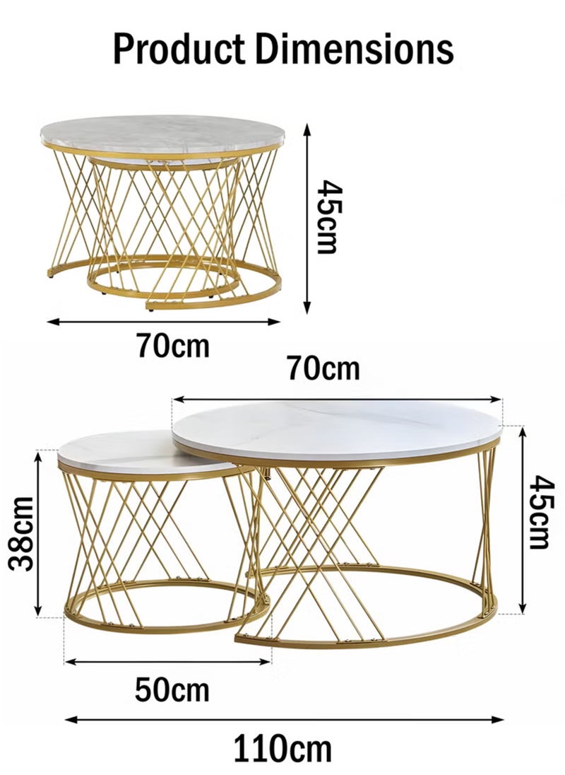 Toshionics - Modern Luxurious Round Nesting Coffee Table Set White Marble-Like Glass Top with Sturdy Criss-Cross Design Black Metal Frame Nordic Minimalist Space-Saving Stackable Design Elegant Center Table for Living Room Small Apartments Balcony Office Hotel Spa and Salon Reception Lounge Easy to Assemble - Image 1