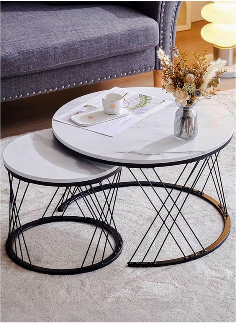 Toshionics - Modern Luxurious Round Nesting Coffee Table Set White Marble-Like Glass Top with Sturdy Criss-Cross Design Black Metal Frame Nordic Minimalist Space-Saving Stackable Design Elegant Center Table for Living Room Small Apartments Balcony Office Hotel Spa and Salon Reception Lounge Easy to Assemble - Image 1