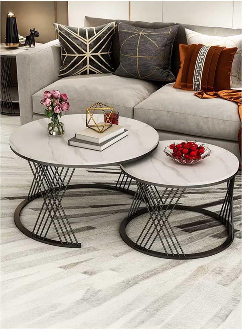 Toshionics - Modern Luxurious Round Nesting Coffee Table Set White Marble-Like Glass Top with Sturdy Criss-Cross Design Black Metal Frame Nordic Minimalist Space-Saving Stackable Design Elegant Center Table for Living Room Small Apartments Balcony Office Hotel Spa and Salon Reception Lounge Easy to Assemble - Image 1