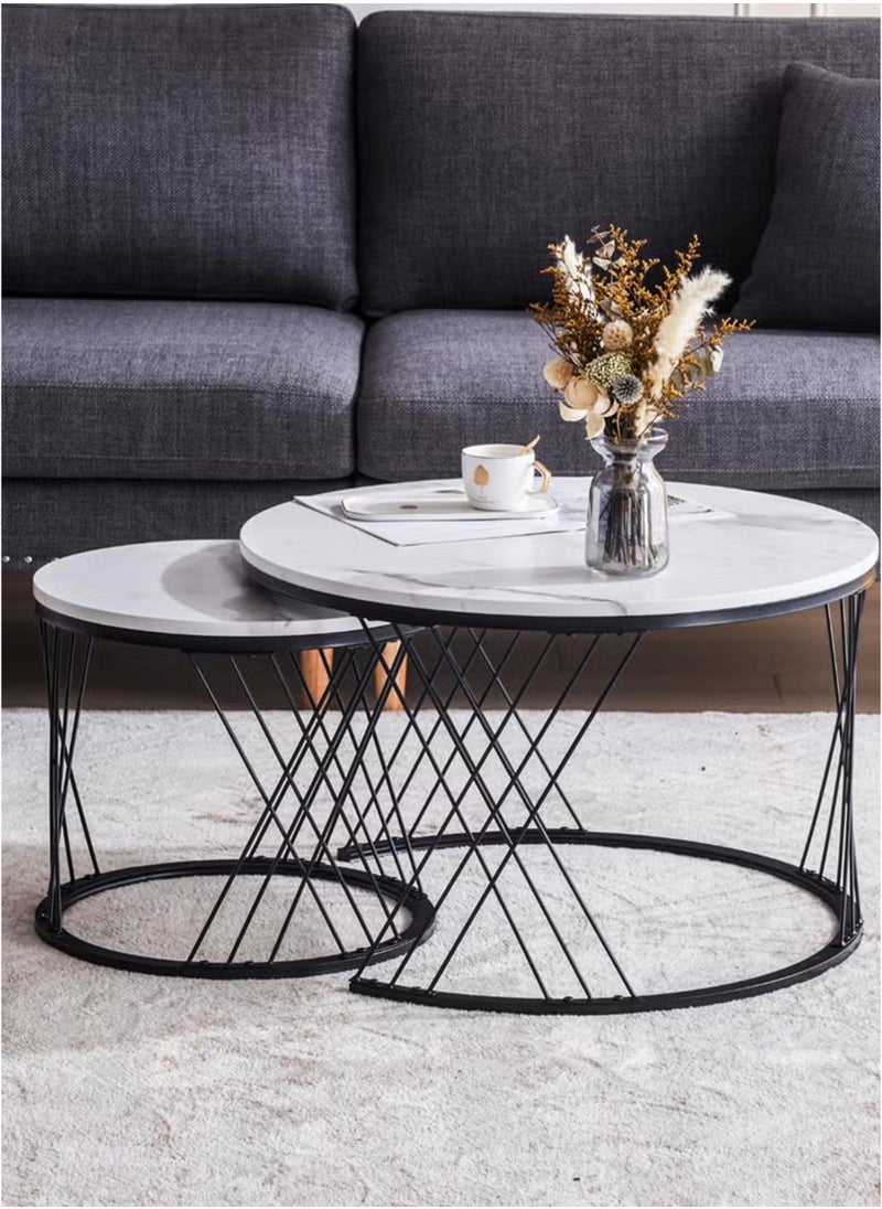 Toshionics - Modern Luxurious Round Nesting Coffee Table Set White Marble-Like Glass Top with Sturdy Criss-Cross Design Black Metal Frame Nordic Minimalist Space-Saving Stackable Design Elegant Center Table for Living Room Small Apartments Balcony Office Hotel Spa and Salon Reception Lounge Easy to Assemble - Image 1