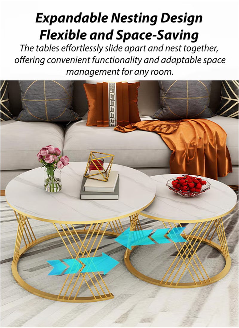 Toshionics - Modern Luxurious Round Nesting Coffee Table Set White Marble-Like Glass Top with Sturdy Criss-Cross Design Black Metal Frame Nordic Minimalist Space-Saving Stackable Design Elegant Center Table for Living Room Small Apartments Balcony Office Hotel Spa and Salon Reception Lounge Easy to Assemble - Image 1