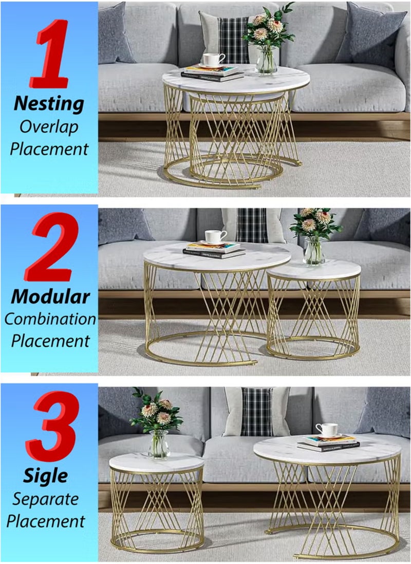 Toshionics - Modern Luxurious Round Nesting Coffee Table Set White Marble-Like Glass Top with Sturdy Criss-Cross Design Black Metal Frame Nordic Minimalist Space-Saving Stackable Design Elegant Center Table for Living Room Small Apartments Balcony Office Hotel Spa and Salon Reception Lounge Easy to Assemble - Image 1