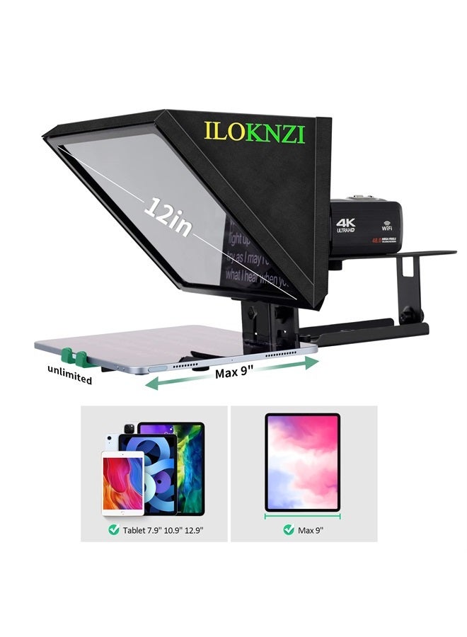 ILOKNZI i2/12 بوصة/أسود، جهاز تليبرومبتر قابل للرفع مع جهاز تحكم عن بعد وتطبيق معدني لأجهزة التابلت 12.9" مع زجاج بصري مقسى قابل للتعديل يدعم كاميرا الويب وعدسة الكاميرا واسعة الزاوية استوديو لصنع الفيديوهات - Image 1