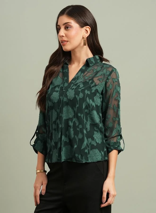 جلو باص بلوزة بأكمام طويلة بطبعة زهور