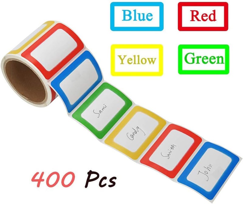 MFLABEL ® 400 Colorful Name Tags - 3.5"x2.25" Organization Stickers (Red/Yellow/Blue/Green) | Durable, Waterproof & Peel-Stick for Home, Parties | Non-Toxic Adhesive for Clothes - Image 1