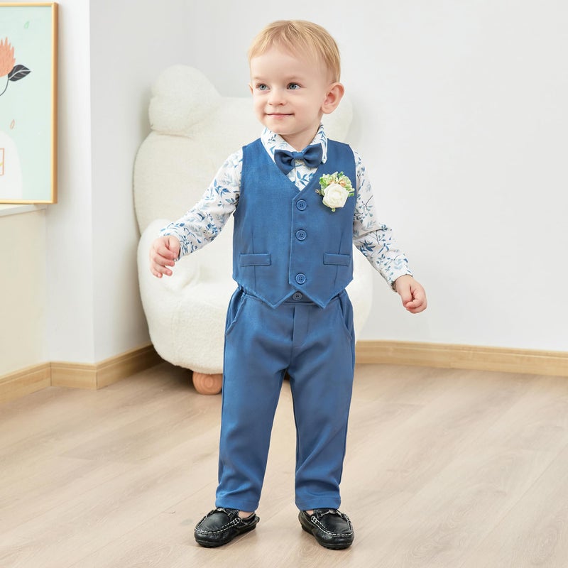 SANMIO Baby Boy Clothes Suits Baby Easter Outfit Boy Collared Dress Shirt+Vest+Tie+Corsage+Pants 5Pcs Infant Gentleman Baby Suit Sets - Image 4