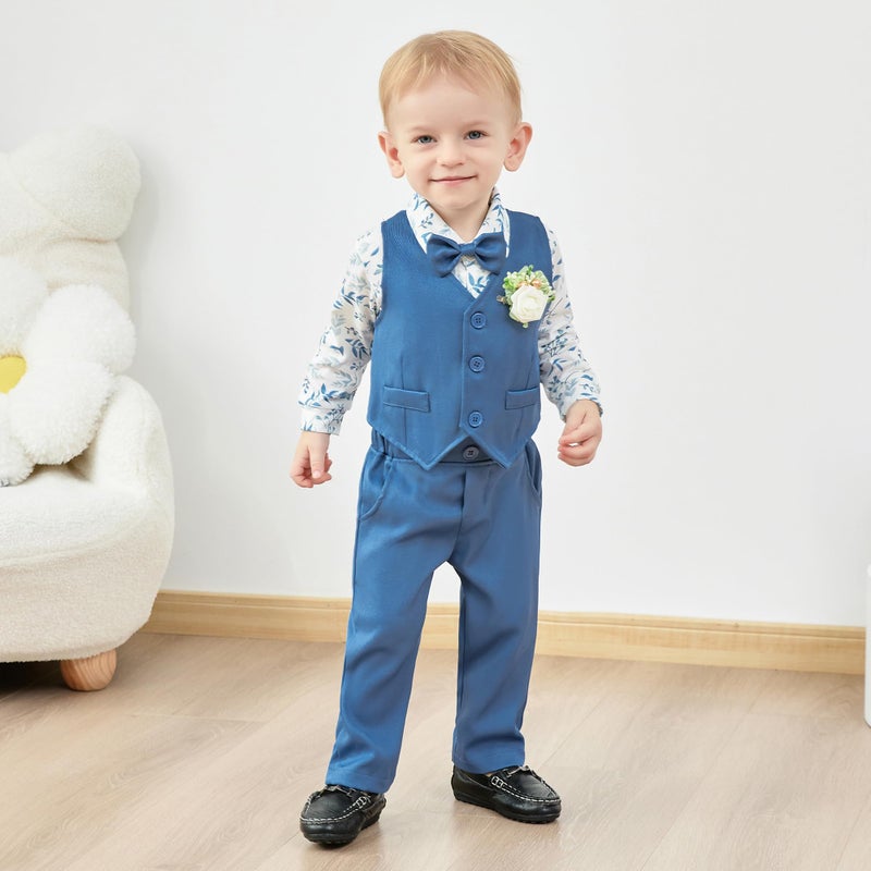 SANMIO Baby Boy Clothes Suits Baby Easter Outfit Boy Collared Dress Shirt+Vest+Tie+Corsage+Pants 5Pcs Infant Gentleman Baby Suit Sets - Image 3