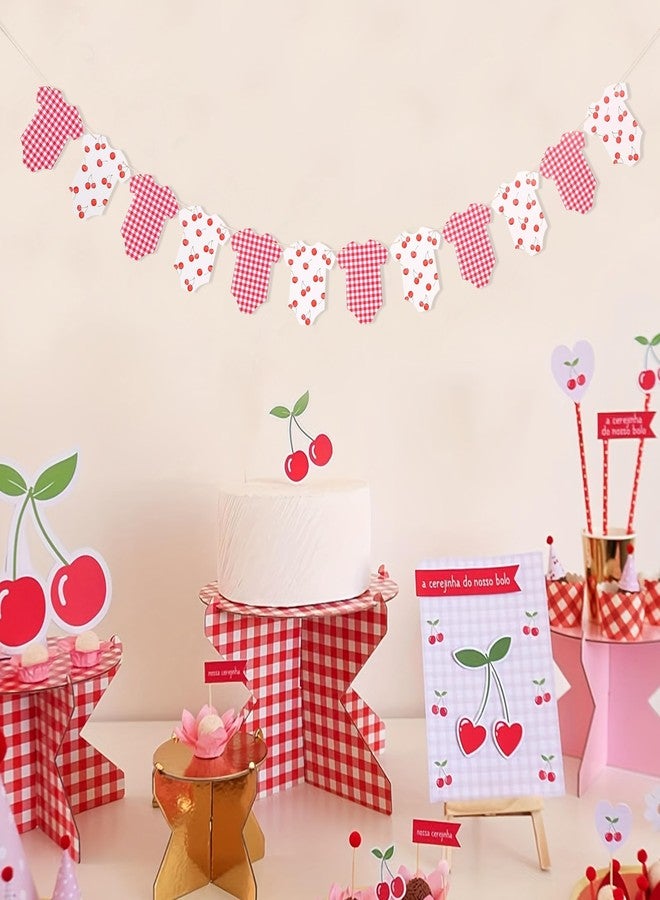 بيديد لافتة حفل استقبال مولود جديد بنقشة الكرز - لافتة بنقشة مربعات صغيرة على شكل بدلة أطفال بنقشة الكرز، ديكورات حفل الكشف عن جنس المولود بنقشة التوت، حفل استقبال مولود جديد بنقشة التوت الحلوة، زينة حفلات بنقشة مربعات صغيرة على شكل بدلة أطفال (كرز) - Image 4