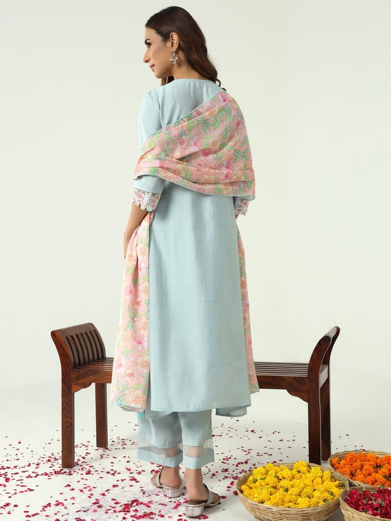 FIORRA Women's Sky Blue Viscose Chanderi A-line Kurta with Pant and Dupatta SET0164 - Image 2