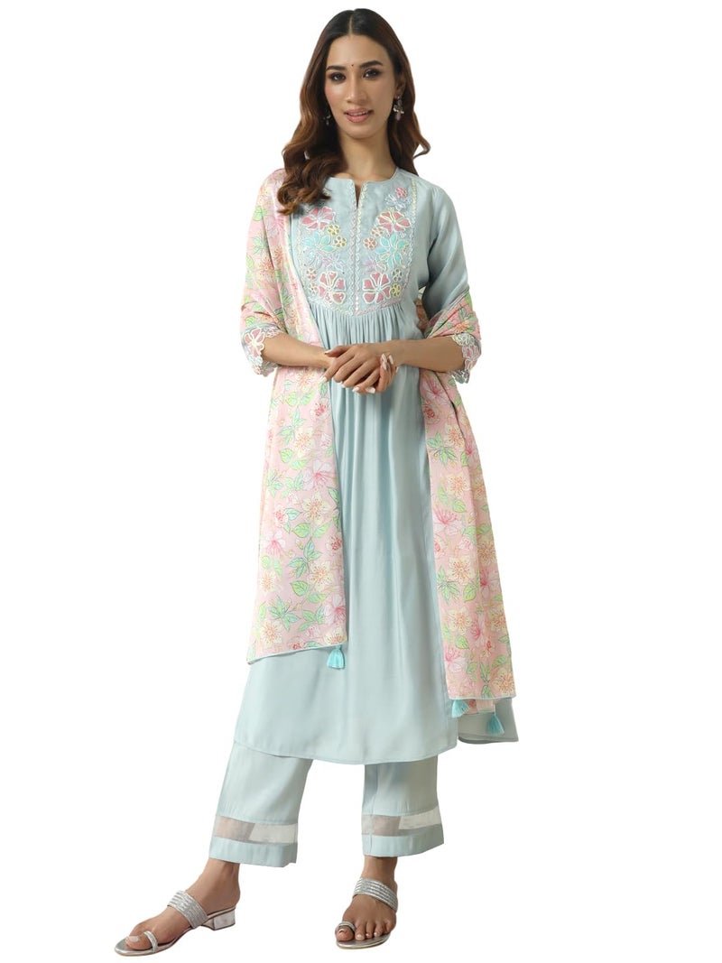 FIORRA Women's Sky Blue Viscose Chanderi A-line Kurta with Pant and Dupatta SET0164 - Image 1