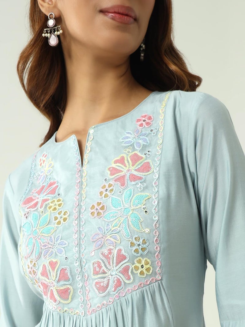 FIORRA Women's Sky Blue Viscose Chanderi A-line Kurta with Pant and Dupatta SET0164 - Image 4