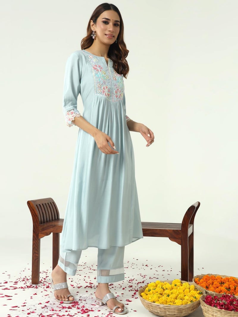 FIORRA Women's Sky Blue Viscose Chanderi A-line Kurta with Pant and Dupatta SET0164 - Image 3