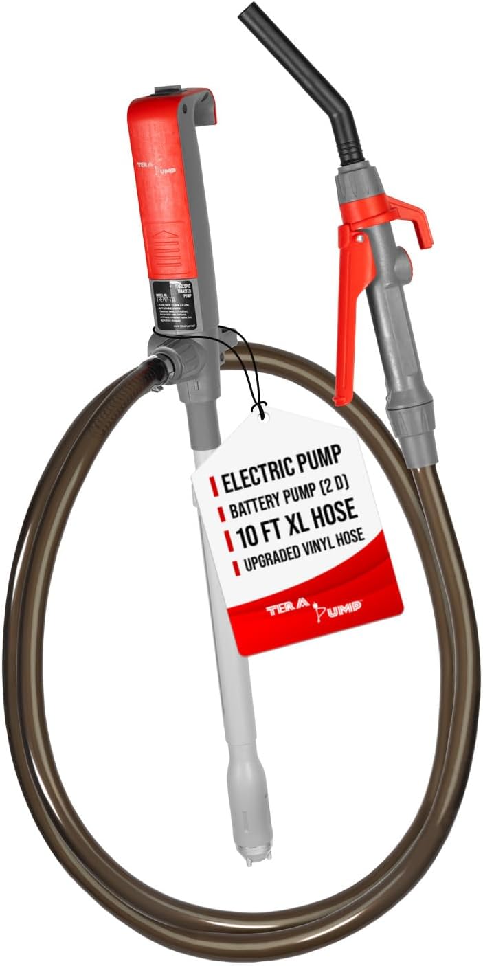 TERA PUMP Portable Electric Battery Pump with 10 FT Vinyl Hose for Gas, Diesel, Water, and Antifreeze Transfer - Image 1