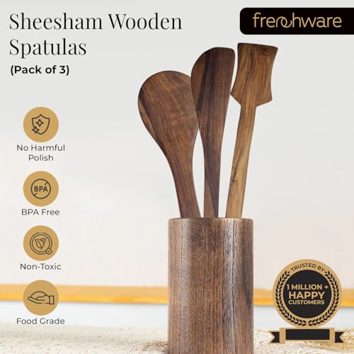 Frenchware (Set of 3, Brown) Pure Sheesham Wood Spoons and Spatula for Non Stick Cookware Used for Cooking, Baking & Mixing, Seamless Design - Image 2