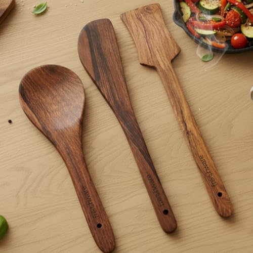 Frenchware (Set of 3, Brown) Pure Sheesham Wood Spoons and Spatula for Non Stick Cookware Used for Cooking, Baking & Mixing, Seamless Design - Image 1