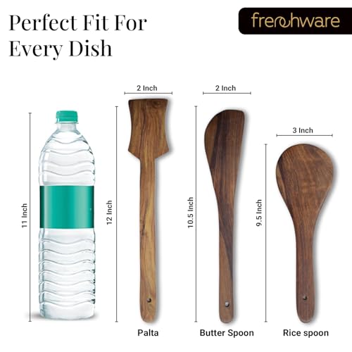 Frenchware (Set of 3, Brown) Pure Sheesham Wood Spoons and Spatula for Non Stick Cookware Used for Cooking, Baking & Mixing, Seamless Design - Image 4