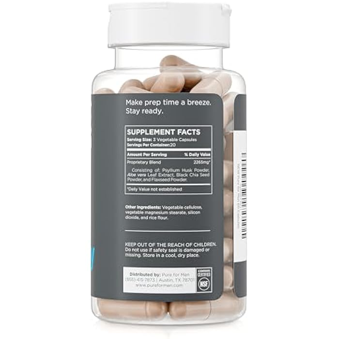 Pure for Men Original Cleanliness Stay Ready Fiber Supplement | Helps Promote Digestive Regularity | Psyllium Husk, Aloe Vera, Chia Seeds, Flaxseeds | Proprietary Formula | 60 Vegan Capsules - Image 2