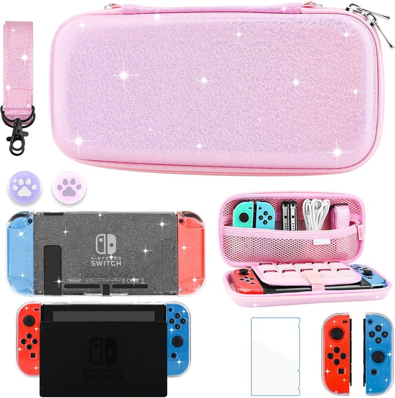 GLDRAM Pink Travel Carrying Case for Nintendo Switch, Portable Switch Accessories Bundle with Clear Glitter Protective Skin Cover+HD Screen Protector+Adjustable Shoulder Strap+2 Thumb Caps for Girls - Image 1