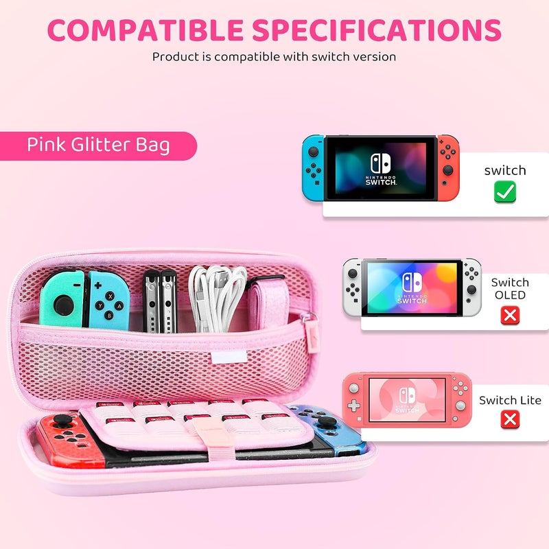 GLDRAM Pink Travel Carrying Case for Nintendo Switch, Portable Switch Accessories Bundle with Clear Glitter Protective Skin Cover+HD Screen Protector+Adjustable Shoulder Strap+2 Thumb Caps for Girls - Image 4