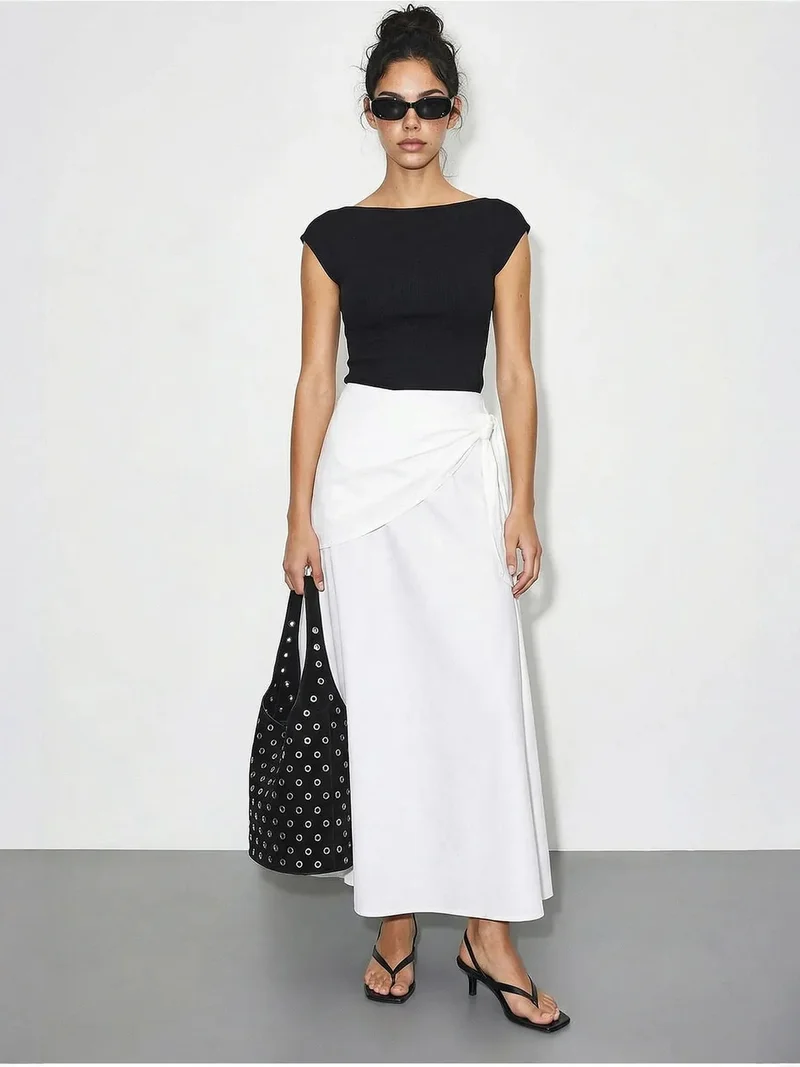 Bianco Lucci LUCCI High Waist A-Line Wrap Skirt with Tie Detail