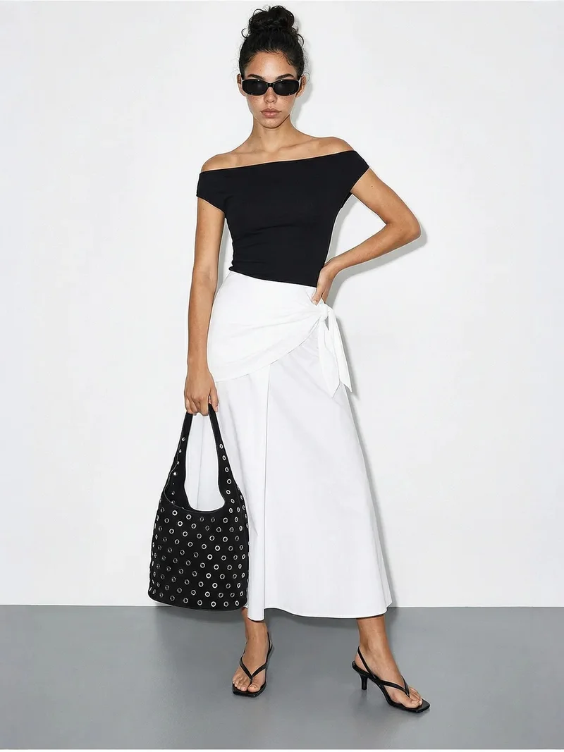 Bianco Lucci LUCCI High Waist A-Line Wrap Skirt with Tie Detail
