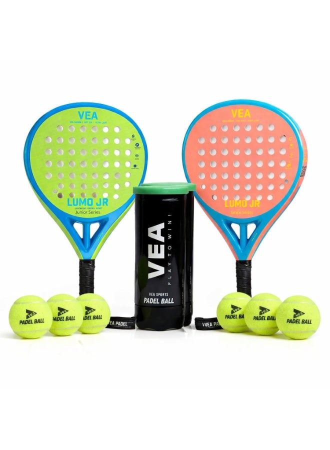 VEA LUMO JR Kids Padel Racket Set – Mix Colors (Neo Green & Neon Orange) | 2 Junior Rackets, 2 Covers & 2 Ball Tubes | Lightweight 320g | Beginner Friendly | Ages 6–12 - Image 1