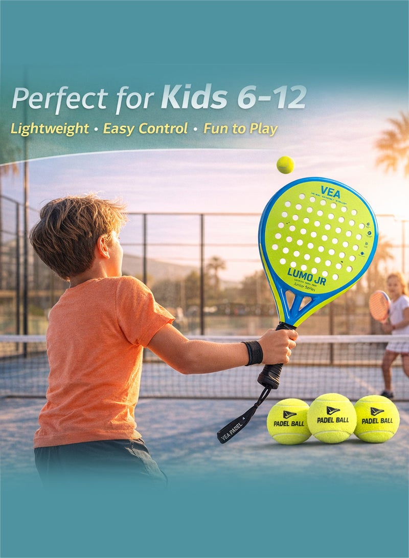 VEA LUMO JR Kids Padel Racket Set – Mix Colors (Neo Green & Neon Orange) | 2 Junior Rackets, 2 Covers & 2 Ball Tubes | Lightweight 320g | Beginner Friendly | Ages 6–12 - Image 3