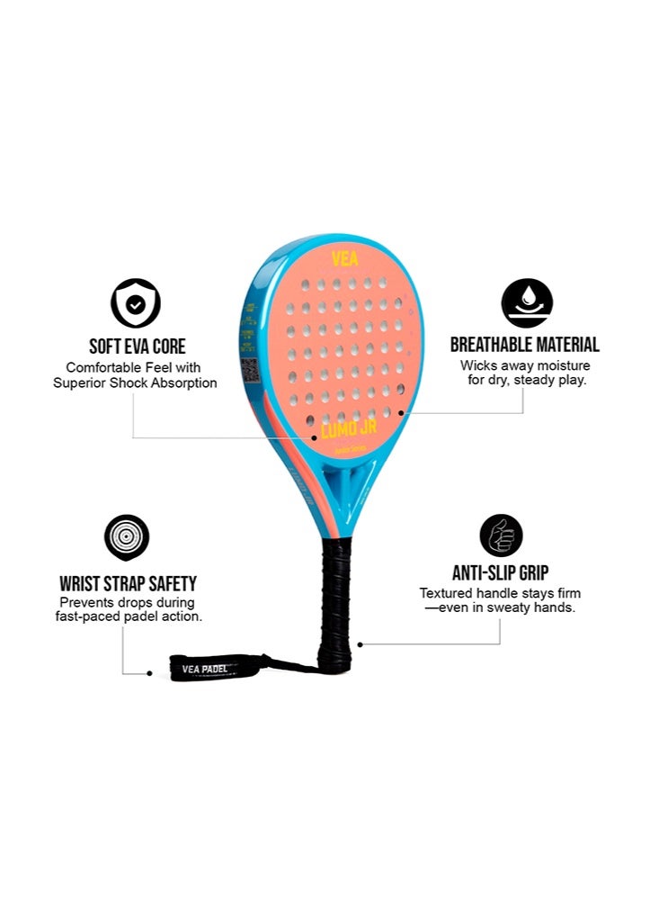 VEA LUMO JR Kids Padel Racket Set – Mix Colors (Neo Green & Neon Orange) | 2 Junior Rackets, 2 Covers & 2 Ball Tubes | Lightweight 320g | Beginner Friendly | Ages 6–12 - Image 4