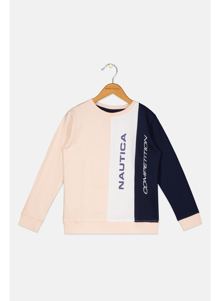 Nautica Competition Kid Girl Crew Neck Brand Logo Sweatshirt, Pink  - Image 1
