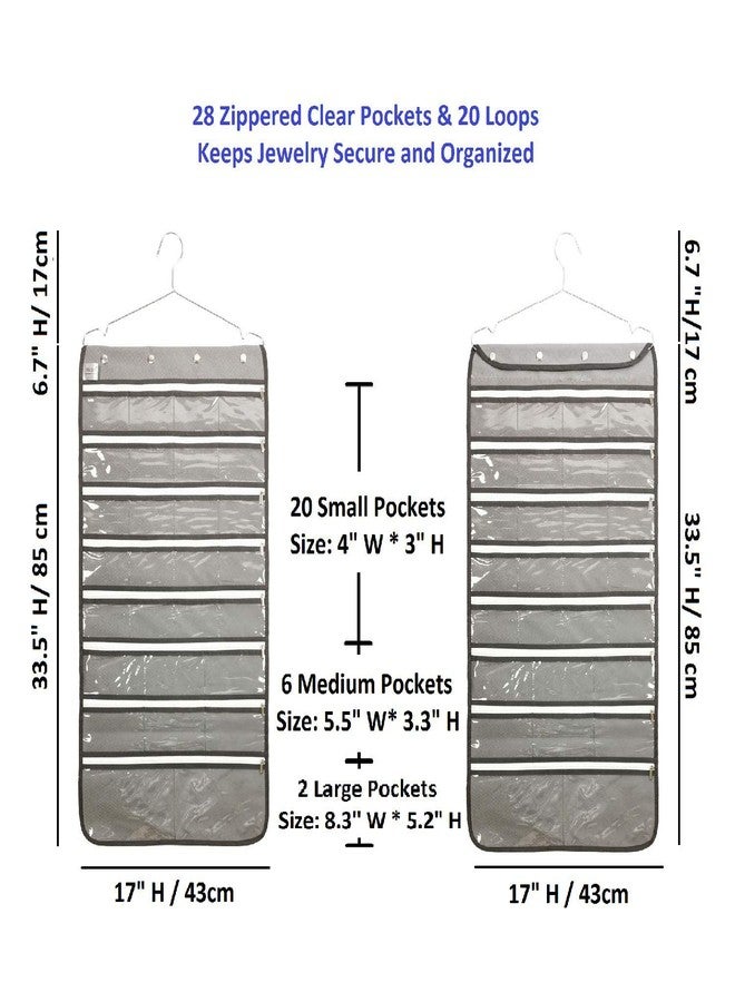 ANIZER Dual Sided Hanging Jewelry Organizer with Hanger for Closet Necklace Earrings Bracelet Ring Travel Holder (56 Zippered Clear Pockets Grey) - Image 3
