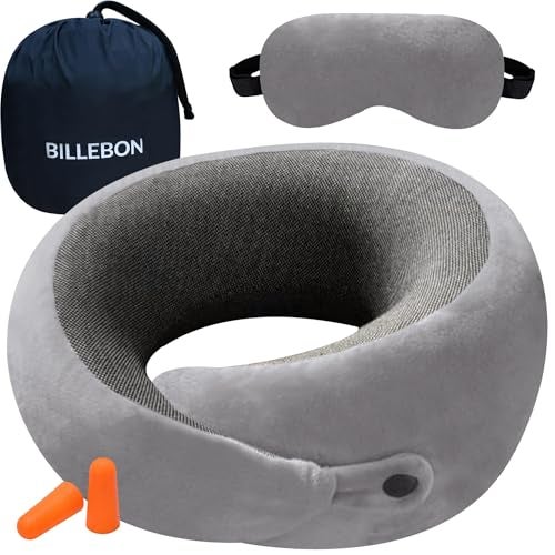 Billebon Ultrasoft Memory Foam Neck Pillow for Travel, Lightweight Comfortable & Breathable Cover, Airplane Travel Pillow Combo with Premium Eye Mask and Carry Bag. - Image 1