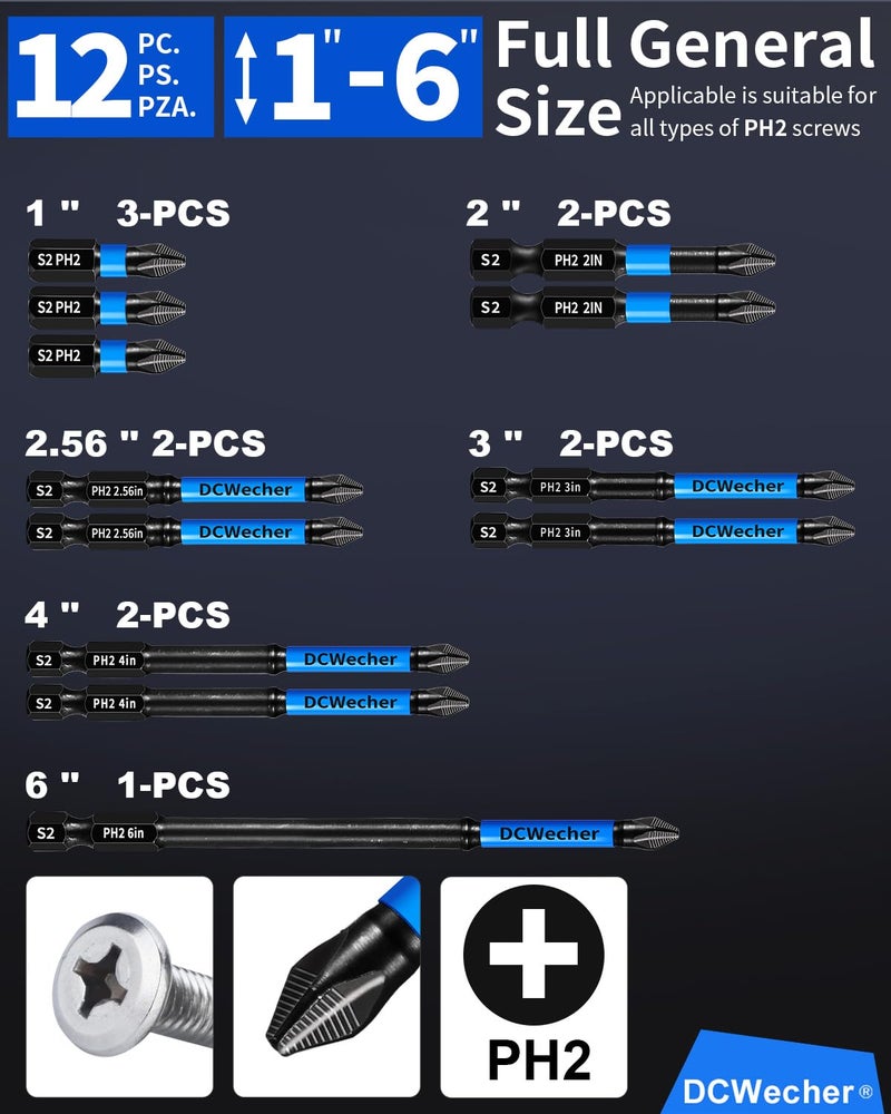 DCWecher 12-Pack 2 Phillips Bits #2 Impact Magnetic, Professional Long Phillips Head Drill & Screwdriver Bit (1-6-Inch), S2 Alloy Steel, CNC Anti-Slip, 1/4" Hex Shank, Ph2 for Impact Driver, by DCWecher - Image 5