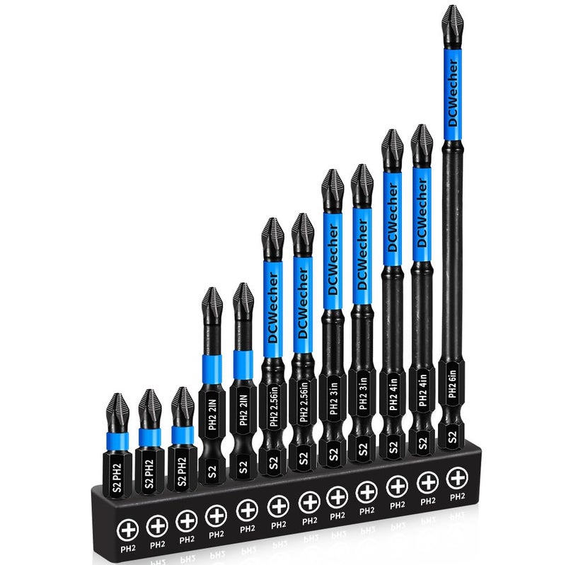 DCWecher 12-Pack 2 Phillips Bits #2 Impact Magnetic, Professional Long Phillips Head Drill & Screwdriver Bit (1-6-Inch), S2 Alloy Steel, CNC Anti-Slip, 1/4" Hex Shank, Ph2 for Impact Driver, by DCWecher - Image 1