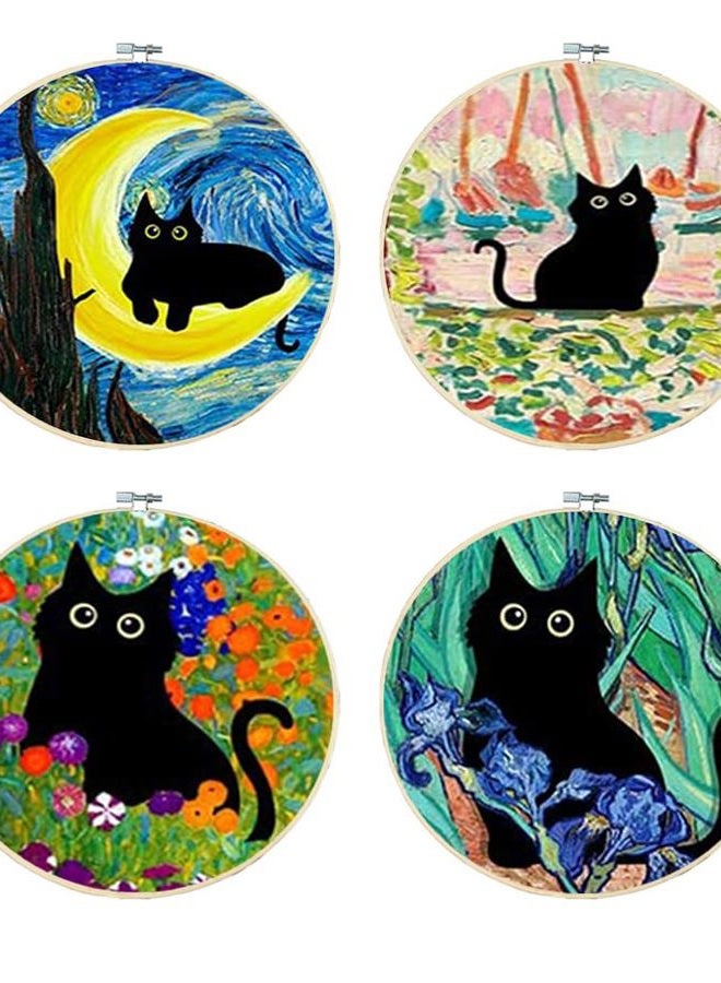 Tiwabb 4 Pack Stamped Cross Stitch Kits with Frame - Black Cat Flower Starry Sky Moon Embroidery Kits for Beginners Adults,11 CT Patterns Dimensions Counted Cross Stitch Kits Arts Craft Kits 7.8 x 7.8 inch - Image 1