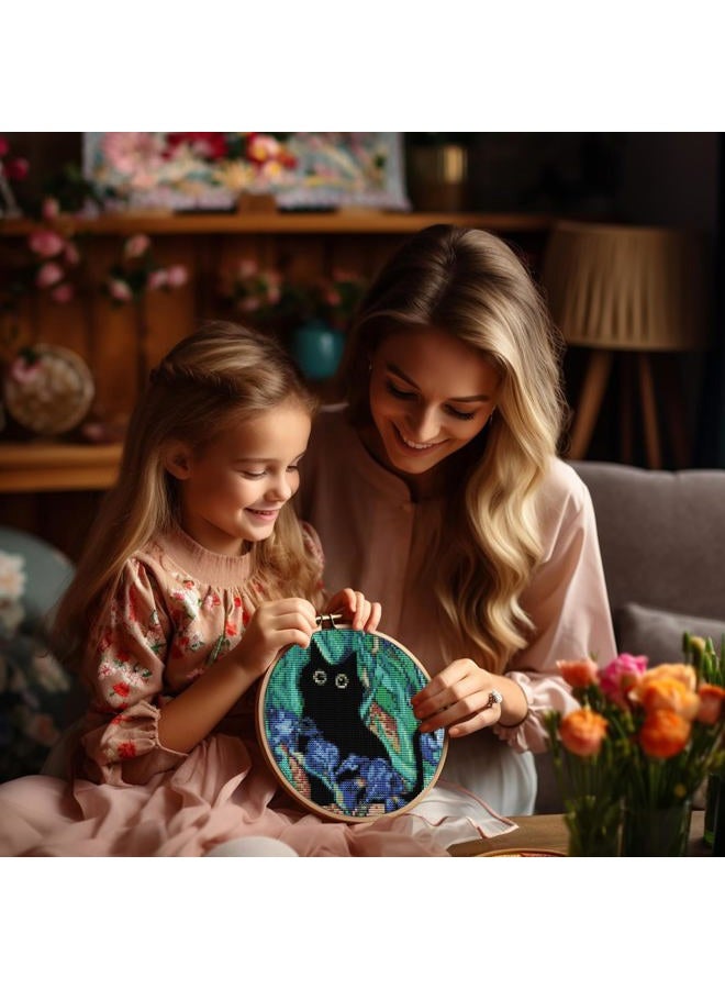 Tiwabb 4 Pack Stamped Cross Stitch Kits with Frame - Black Cat Flower Starry Sky Moon Embroidery Kits for Beginners Adults,11 CT Patterns Dimensions Counted Cross Stitch Kits Arts Craft Kits 7.8 x 7.8 inch - Image 2