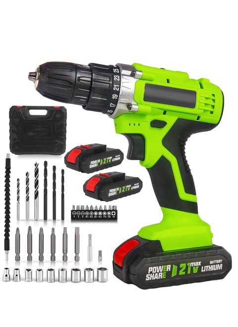 21V Cordless Drill, Power Drill Set with 2 Batteries and Charger, Multifunctional Rechargeable Handheld Electric Screwdriver Electric Drill Drivers Built-in LED, with 2-Speed, 25 Torque Setting