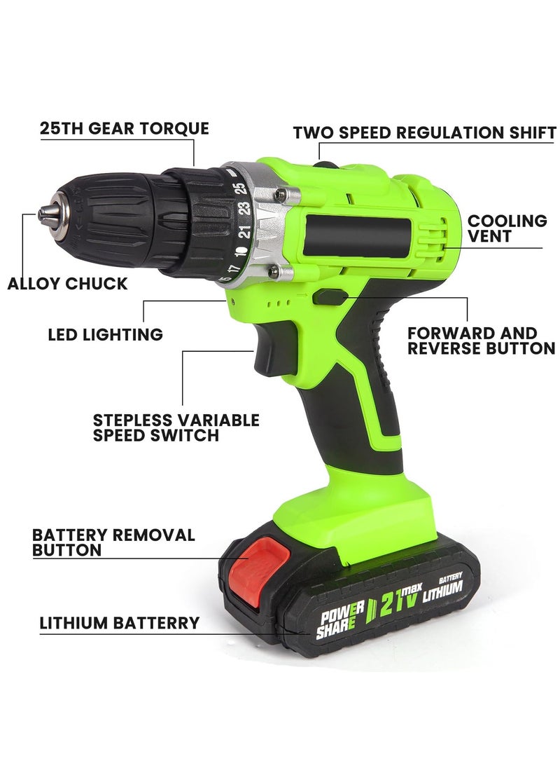 21V Cordless Drill, Power Drill Set with 2 Batteries and Charger, Multifunctional Rechargeable Handheld Electric Screwdriver Electric Drill Drivers Built-in LED, with 2-Speed, 25 Torque Setting - pzsku/Z13C91700646E1331D00EZ/45/_/1702541962/dcb39621-3581-4039-8309-a275e63b48ef