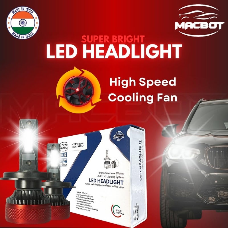 MACBOT H4/H19 Type LED Headlight Bulb 300 Watt MX-H4, with 2-Year Replacement Warranty - Made in India for Cars (150 Watt Each Bulb) Super Bright White Light, Easy Installation,Durable - Image 3