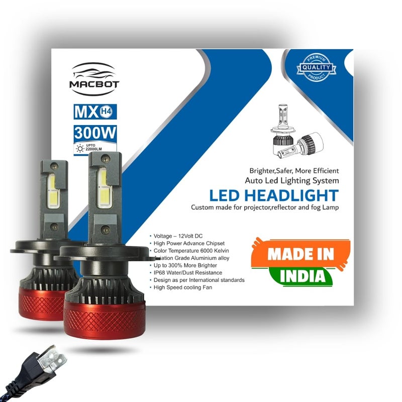 MACBOT H4/H19 Type LED Headlight Bulb 300 Watt MX-H4, with 2-Year Replacement Warranty - Made in India for Cars (150 Watt Each Bulb) Super Bright White Light, Easy Installation,Durable - Image 1