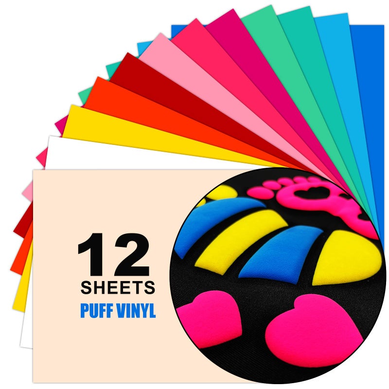 Yiwloer Puff Vinyl Heat Transfer 12Pcs 12X10 3D Puff Heat Transfer Vinyl Sheets for Heat Press T Shirts DIY Outfits HTV Puff Vinyl in Light Colours MultiColour MixBohemian Design Preferences