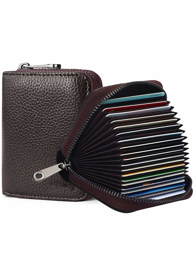Y&D Card Cases, RFID 20 Slots Credit Holder Genuine Leather Small Case for Women or Men Accordion Wallet with Zipper (Brown) - Image 1