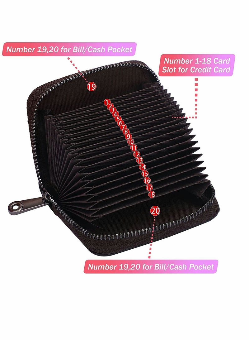 Y&D Card Cases, RFID 20 Slots Credit Holder Genuine Leather Small Case for Women or Men Accordion Wallet with Zipper (Brown) - Image 2