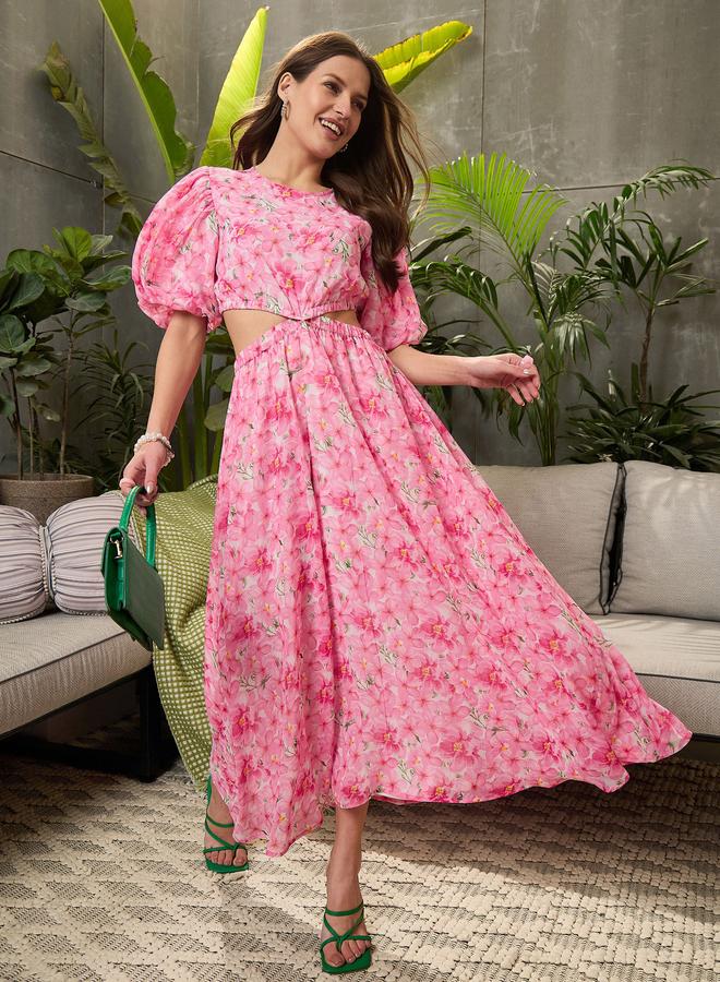 ساسافراس فستان طويل بطبعة زهور وتفاصيل فتحات - Image 1